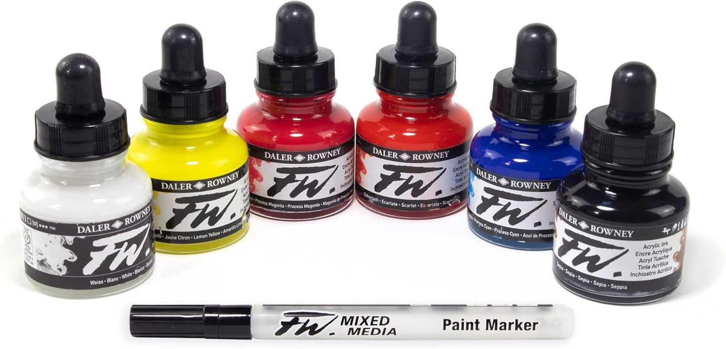 FW Acrylic Ink Primary Colors Set of 6 with Empty Marker