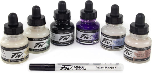 FW Acrylic Ink Shimmering Colors Set of 6 with Empty Marker