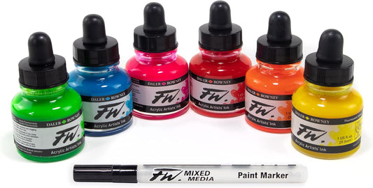 FW Acrylic Ink Neon Colors Set of 6 with Empty Marker