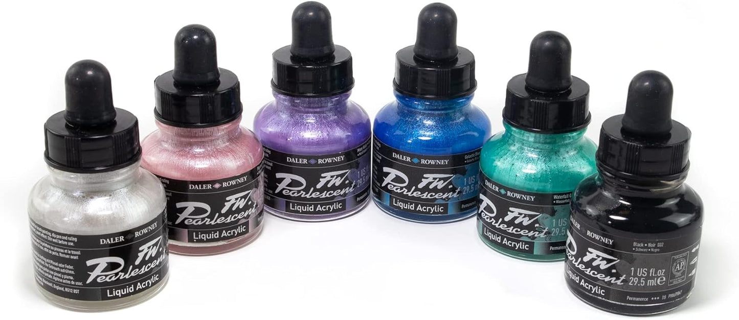 FW Acrylic Ink Pearlescent Colors Set of 6 with Empty Marker