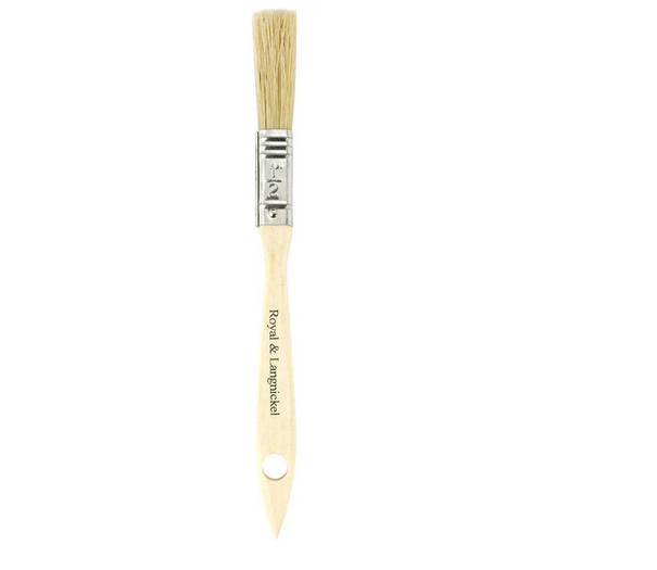 Paintbrush with a wooden handle and natural bristles on a white background, featuring the brand 'Royal & Langnickel'.