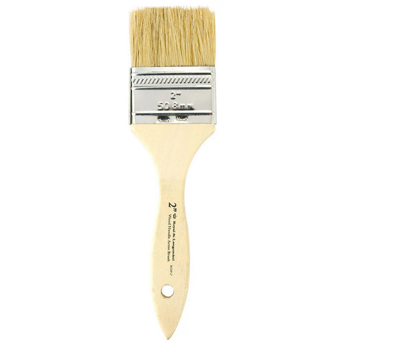 Paint brush with a wooden handle and natural bristles on a white background