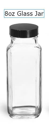 Clear Glass French Square Bottles w/ Black Caps 8oz