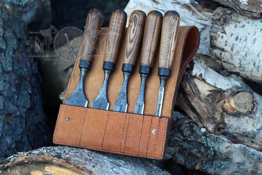 Chisels with Beveled edges in the leather bag (set of 5)