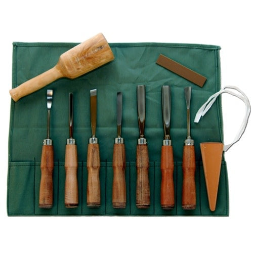 Leather Tipped Handle Wood Carving Set of 10 K3